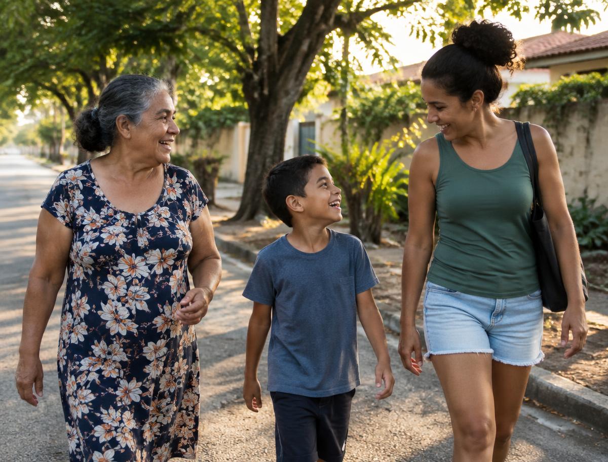 Avó, mãe e filho caminham juntos por uma rua arborizada, conversando e sorrindo no fim da tarde.