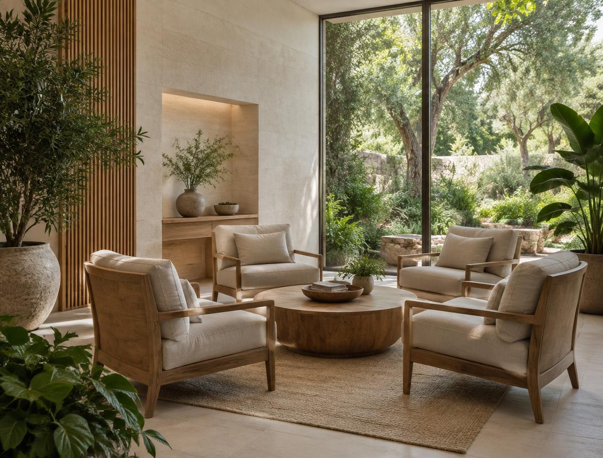 Ambiente sereno com poltronas de madeira e linho, plantas e uma grande janela voltada para um jardim.