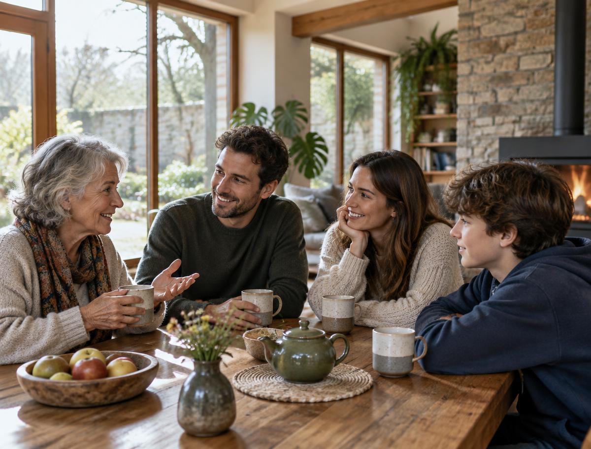 Pessoas de diferentes gerações conversando ao redor de uma mesa de madeira, em um ambiente acolhedor com luz natural.