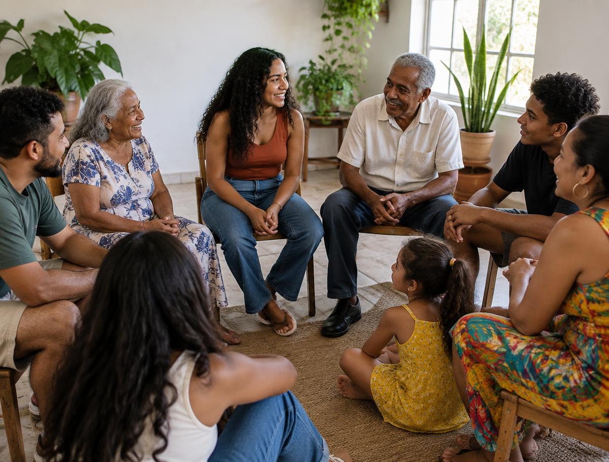 Encontro comunitário em roda com pessoas de diferentes idades conversando