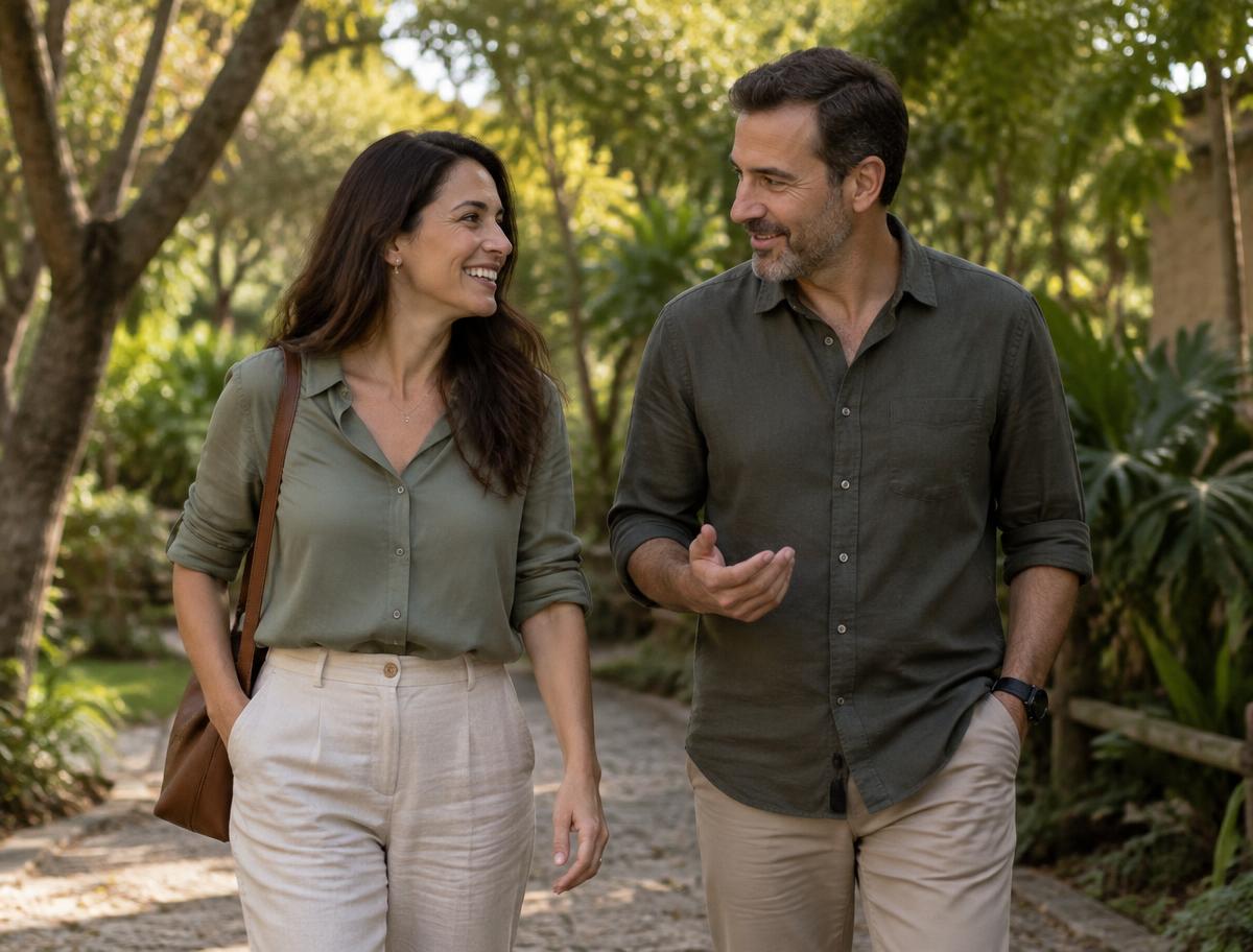 Casal adulto caminhando lado a lado ao ar livre, conversando com atenção